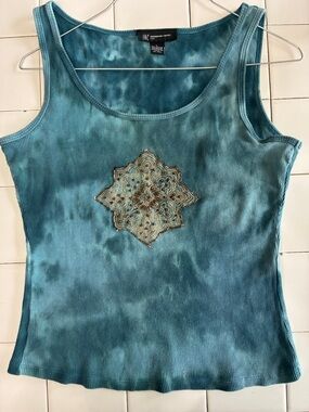 INC International Concepts Teal Tie-Dye Ribbed Tank with Embroidered Medallion